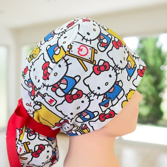 Hello Kity Books~ Ponytail Scrub Cap~~Surgical Hat, OR, CNA, Cap, CRNA, Gift - Picture 2 of 5